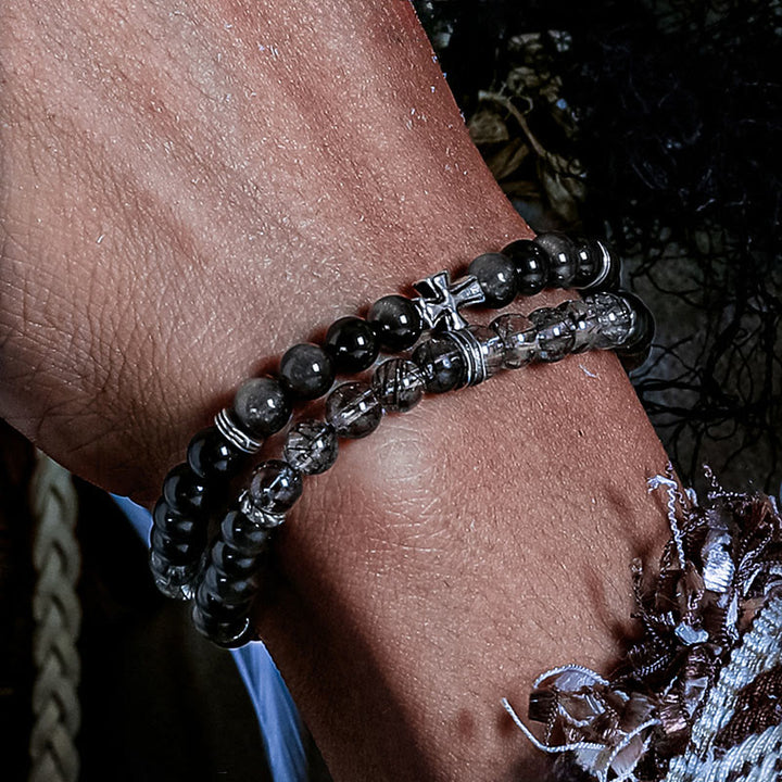 Olivenorma Cross Silver Obsidian&Black Quartz Rutilated Double Bracelet - image 3