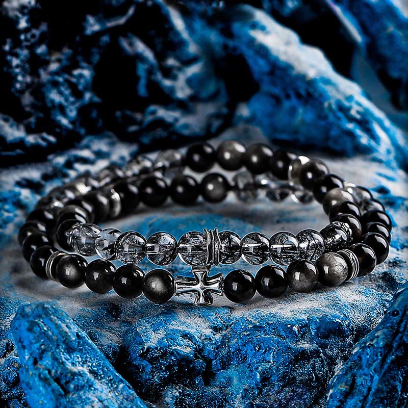 Olivenorma Cross Silver Obsidian&Black Quartz Rutilated Double Bracelet - 17cm - image 0