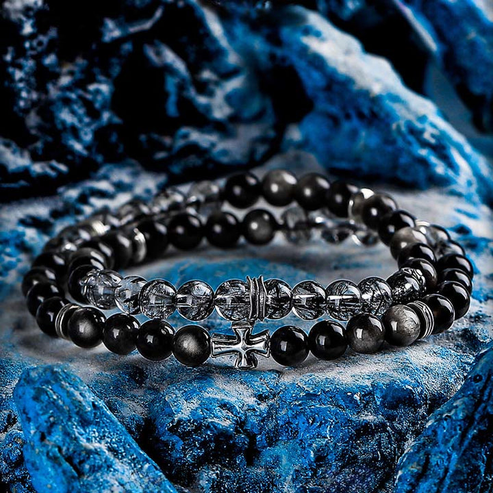 Olivenorma Cross Silver Obsidian&Black Quartz Rutilated Double Bracelet - 17cm - image 0