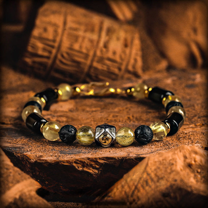 Olivenorma Gold Rutilated Quartz&Lava Stone Beaded Bracelet - Style 3 - 18cm - image 3