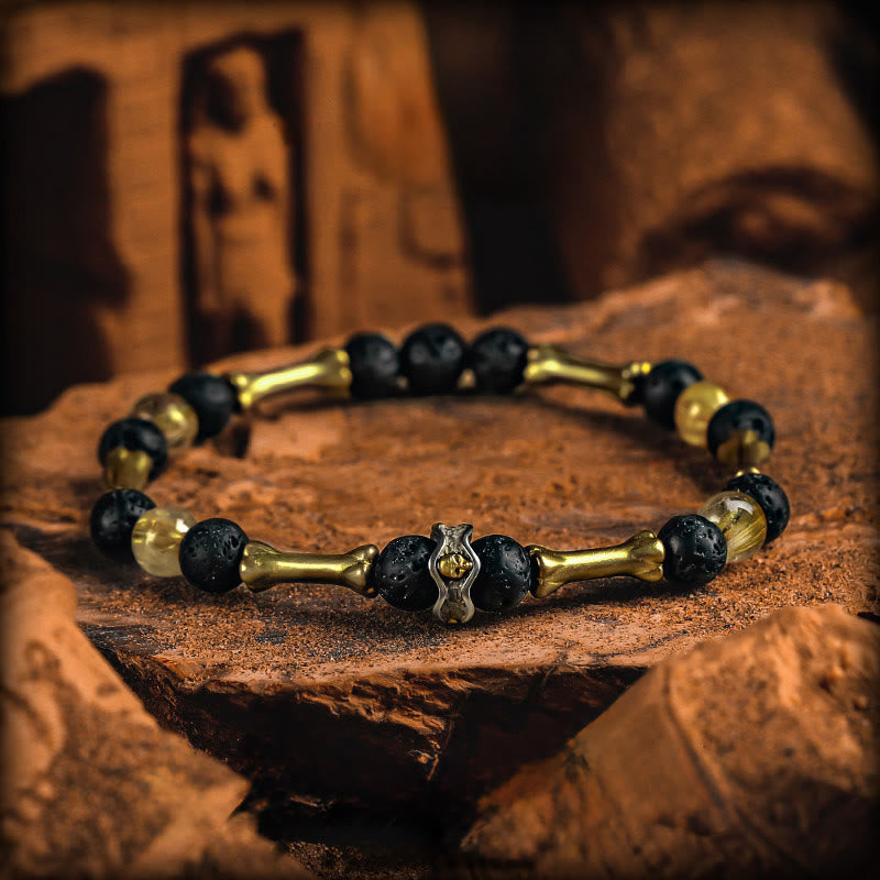 Olivenorma Gold Rutilated Quartz&Lava Stone Beaded Bracelet - Style 2 - 18cm - image 2