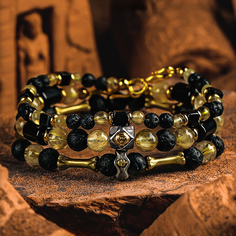 Olivenorma Gold Rutilated Quartz&Lava Stone Beaded Bracelet - image 0