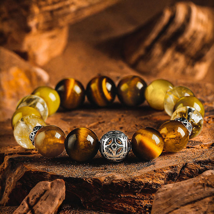 Olivenorma Luxury Gold Rutilated Quartz&Tiger Eye Beaded Bracelet - 17cm - image 0