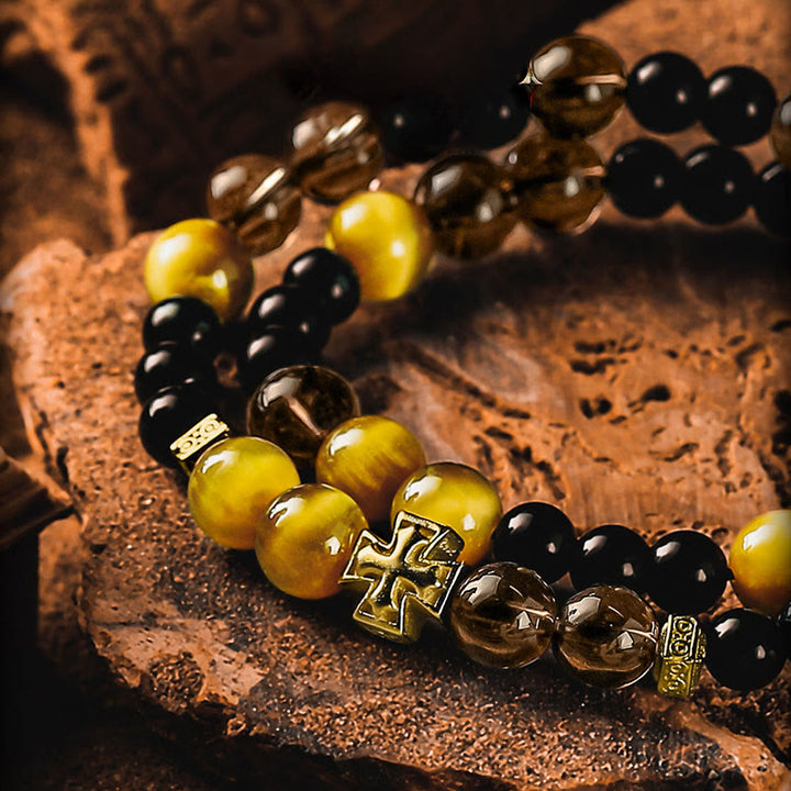 Olivenorma Cross Smoky Quartz&Obsidian Double Wrap Beaded Bracelet - image 2