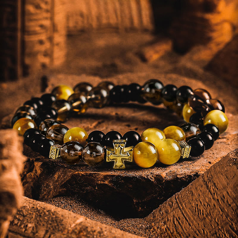 Olivenorma Cross Smoky Quartz&Obsidian Double Wrap Beaded Bracelet - 18cm - image 0