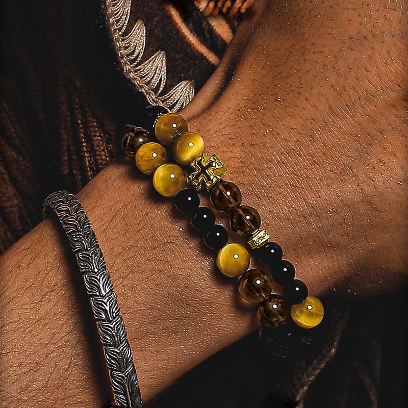 Olivenorma Cross Smoky Quartz&Obsidian Double Wrap Beaded Bracelet - image 4