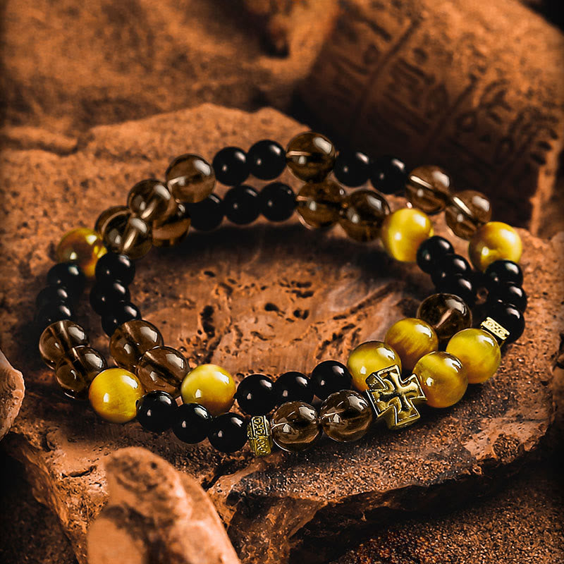 Olivenorma Cross Smoky Quartz&Obsidian Double Wrap Beaded Bracelet - image 1