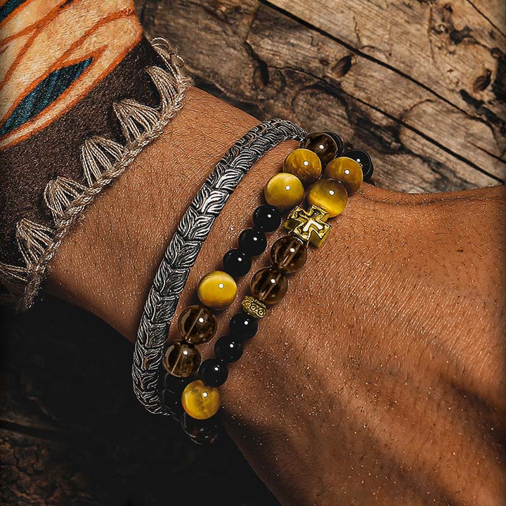 Olivenorma Cross Smoky Quartz&Obsidian Double Wrap Beaded Bracelet - image 5