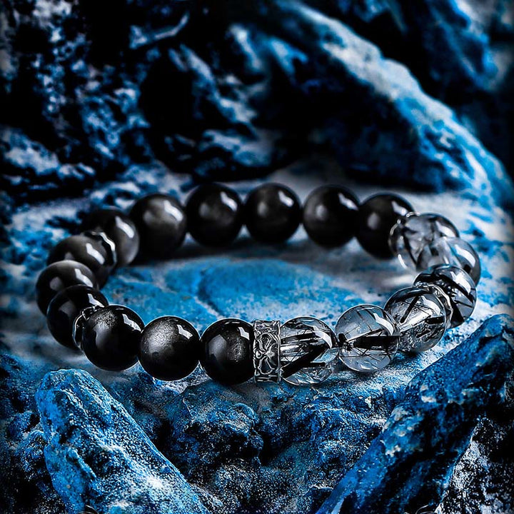 Olivenorma Black Quartz Rutilated&Silver Obsidian Beaded Bracelet - 17cm - image 0