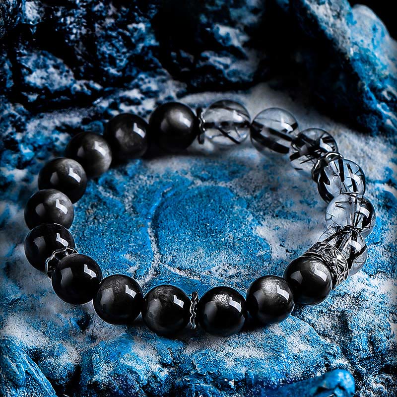 Olivenorma Black Quartz Rutilated&Silver Obsidian Beaded Bracelet - image 1