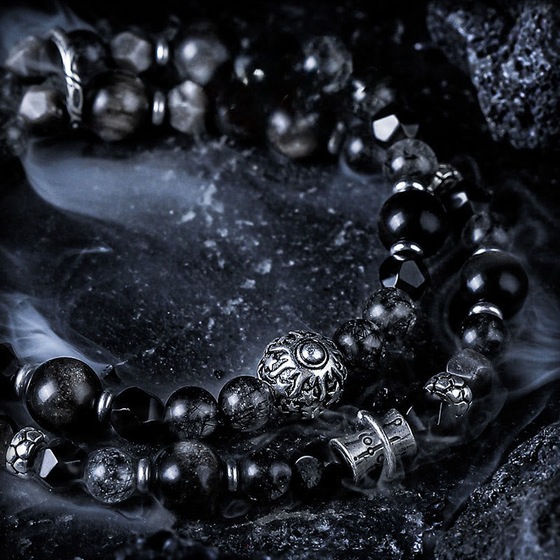 Olivenorma Black Quartz Rutilated&Silver Obsidian Double Wrap Bracelet - image 2