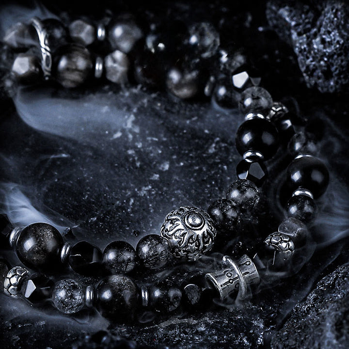 Olivenorma Black Quartz Rutilated&Silver Obsidian Double Wrap Bracelet - image 2