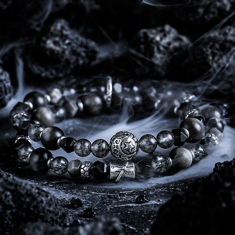 Olivenorma Black Quartz Rutilated&Silver Obsidian Double Wrap Bracelet - 18cm - image 0