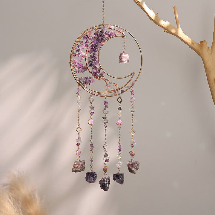 Olivenorma Colorful Crystal Chips Tree of Life Moon Suncatcher Wind Chime - Amethyst - image 2