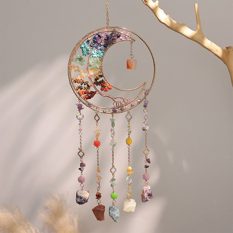 Olivenorma Colorful Crystal Chips Tree of Life Moon Suncatcher Wind Chime - Chakra - image 1