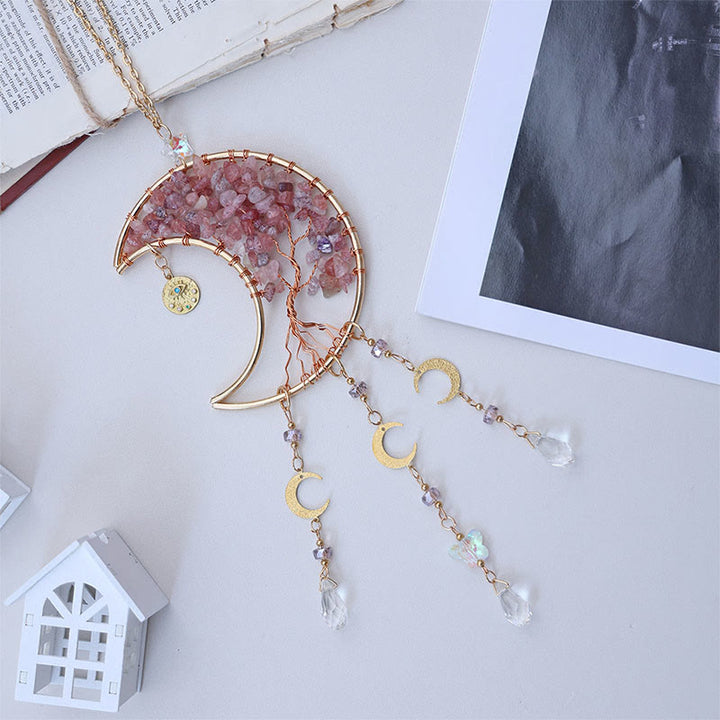 Olivenorma Strawberry Quartz Healing Moon Tree of Life Suncatcher Wind Chime - Strawberry Quartz - image 1