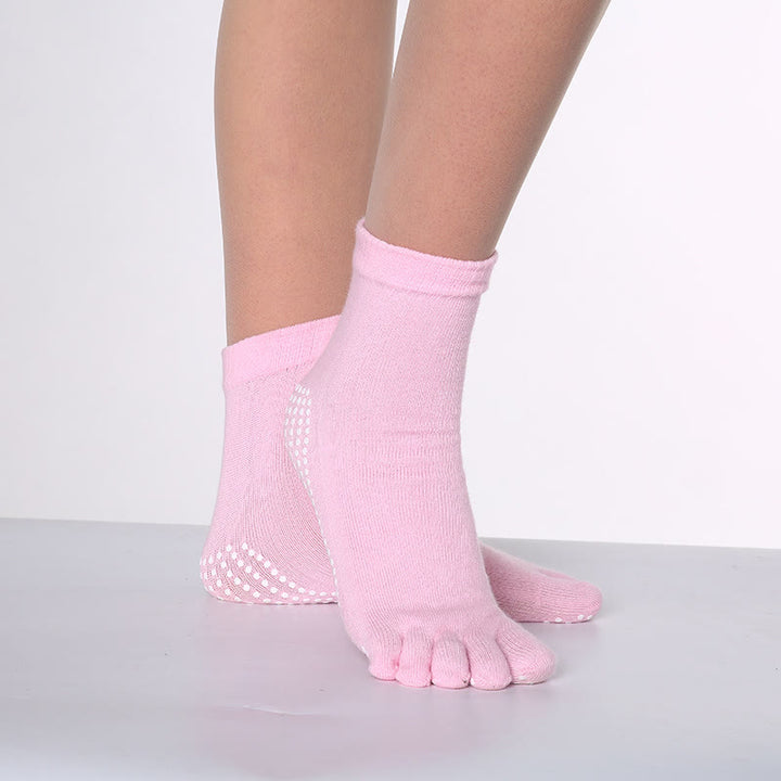 Olivenorma Non-Slip Toe Separation Pilates Barre Fitness Socks with Breathable Cotton Comfort "Love Yoga" Five-Toe Grip Socks - Solid Color & Pink - 10 Pairs - image 3