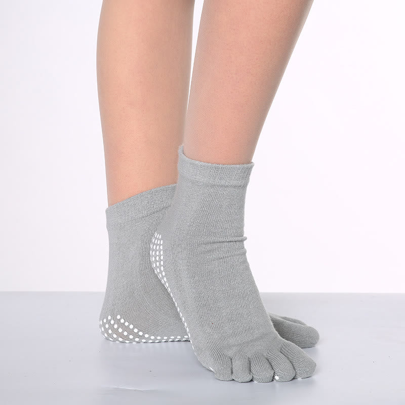 Olivenorma Non-Slip Toe Separation Pilates Barre Fitness Socks with Breathable Cotton Comfort "Love Yoga" Five-Toe Grip Socks - Solid Color & Gray - 10 Pairs - image 2