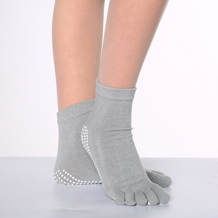 Olivenorma Non-Slip Toe Separation Pilates Barre Fitness Socks with Breathable Cotton Comfort "Love Yoga" Five-Toe Grip Socks - Solid Color & Gray - 10 Pairs - image 2