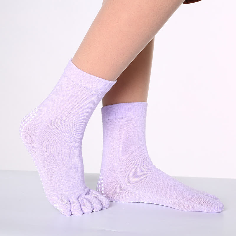 Olivenorma Non-Slip Toe Separation Pilates Barre Fitness Socks with Breathable Cotton Comfort "Love Yoga" Five-Toe Grip Socks - Solid Color & Light Purple - 10 Pairs - image 5