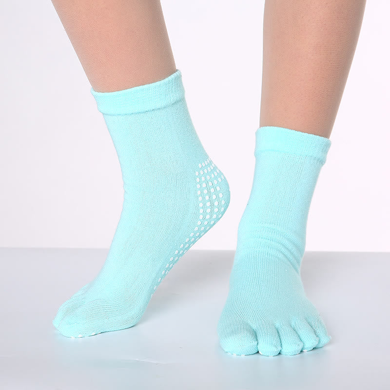 Olivenorma Non-Slip Toe Separation Pilates Barre Fitness Socks with Breathable Cotton Comfort "Love Yoga" Five-Toe Grip Socks - Solid Color & Dark Blue - 10 Pairs - image 7
