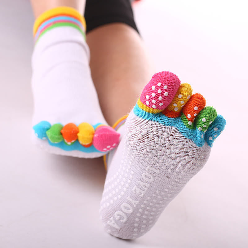 Olivenorma Non-Slip Toe Separation Pilates Barre Fitness Socks with Breathable Cotton Comfort "Love Yoga" Five-Toe Grip Socks - Color-Toe & White - 10 Pairs - image 11