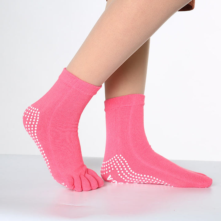 Olivenorma Non-Slip Toe Separation Pilates Barre Fitness Socks with Breathable Cotton Comfort "Love Yoga" Five-Toe Grip Socks - Solid Color & Rose Red - 10 Pairs - image 8