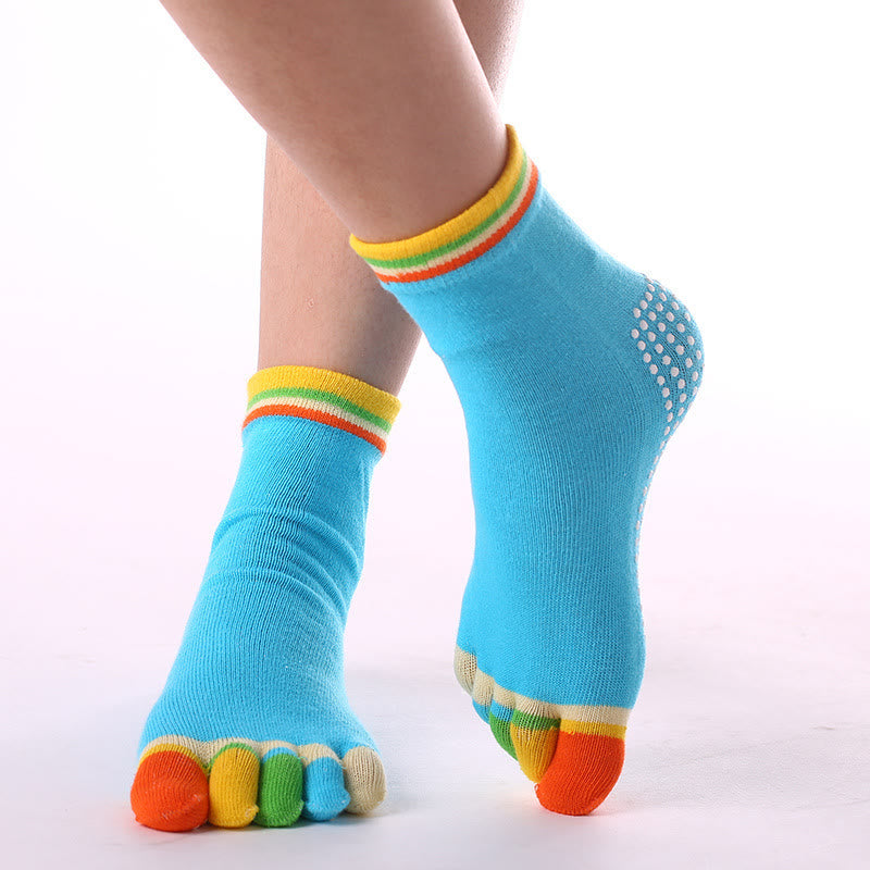 Olivenorma Non-Slip Toe Separation Pilates Barre Fitness Socks with Breathable Cotton Comfort "Love Yoga" Five-Toe Grip Socks - Color-Toe & Blue - 10 Pairs - image 15