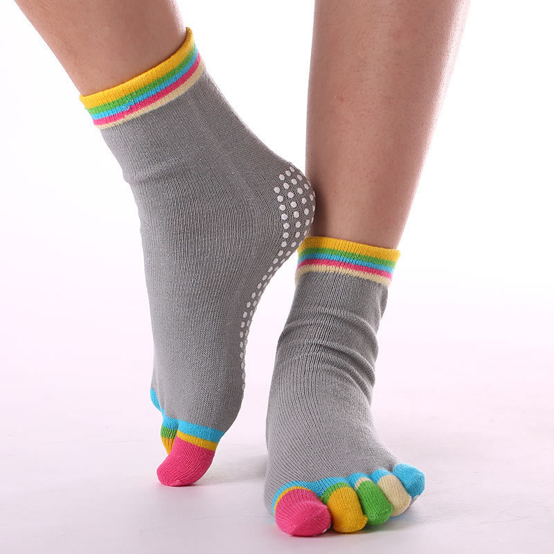 Olivenorma Non-Slip Toe Separation Pilates Barre Fitness Socks with Breathable Cotton Comfort "Love Yoga" Five-Toe Grip Socks - Color-Toe & Gray - 10 Pairs - image 16