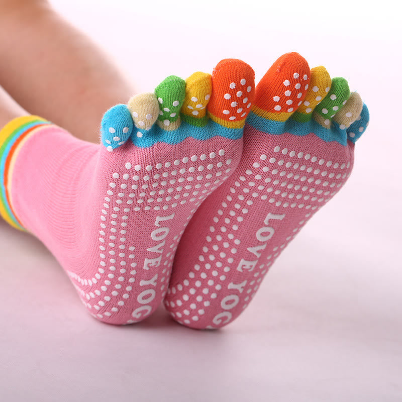 FREE Today: 3-Pair Breathable Cotton Rainbow Non-Slip Five-Toe Yoga Socks - Color-Toe & Pink - 3 Pairs - image 0