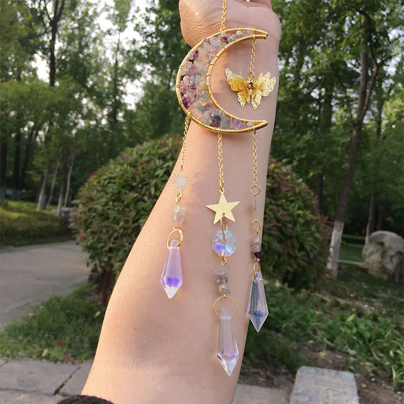 Olivenorma Natural Crystal Chips Moon Suncatcher Wind Chime - Fluorite - image 7