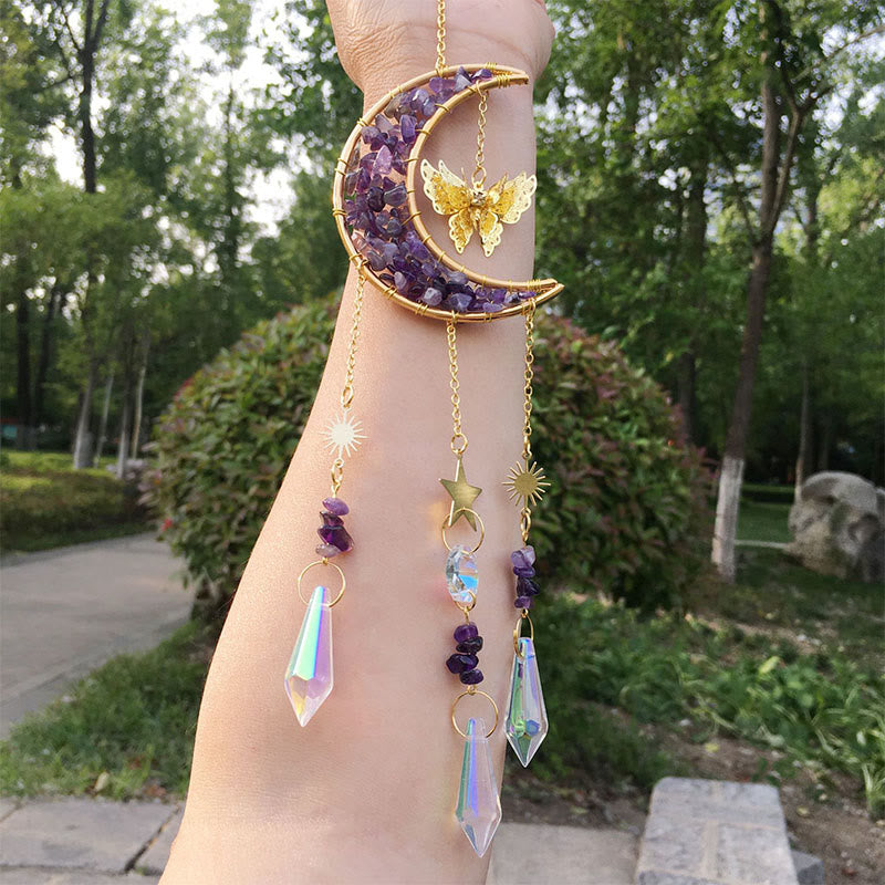 Olivenorma Natural Crystal Chips Moon Suncatcher Wind Chime - Amethyst - image 5