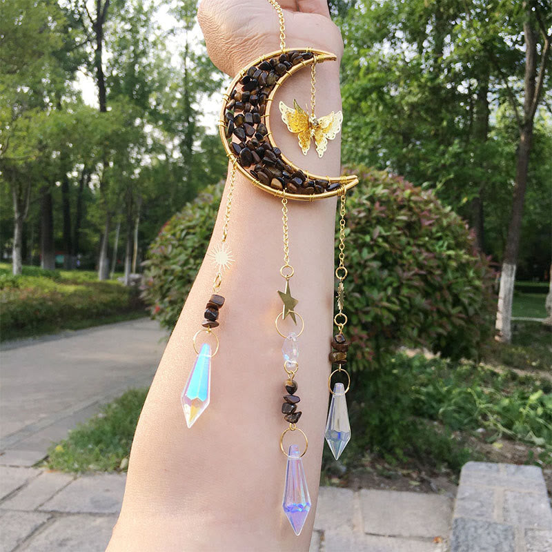 Olivenorma Natural Crystal Chips Moon Suncatcher Wind Chime - Tiger Eye - image 3