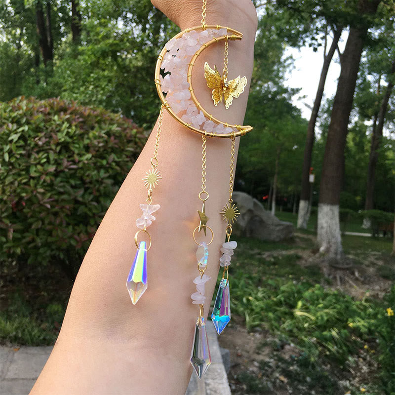 Olivenorma Natural Crystal Chips Moon Suncatcher Wind Chime - Rose Quartz - image 1