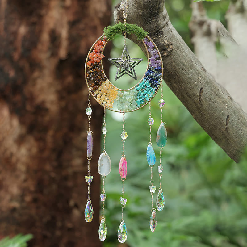 Olivenorma Crystal Chips Moon & Star Rainbow Chakra Suncatcher Wind Chime - image 0