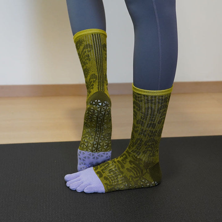 Olivenorma Breathable Toe Separation Anti-Slip Pilates Barre Socks with Cotton Comfort Fit Floral Print Five-Toe Yoga Socks - Green - 10 Pairs - image 3