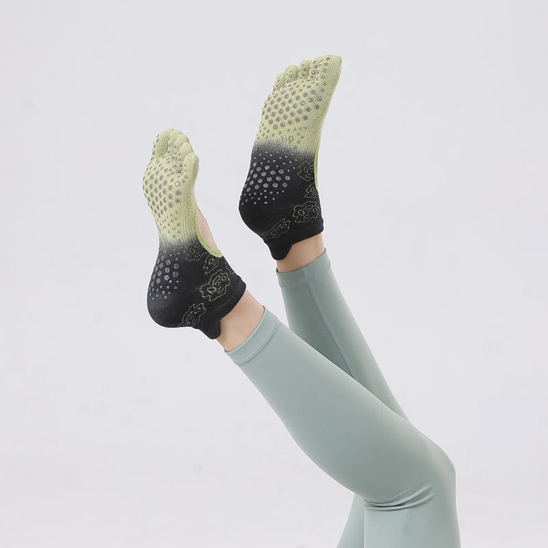 Olivenorma Five-Toe Gradient Colors Backless Ankle Yoga Socks - Emerald Green&Black - 2Pairs - image 4