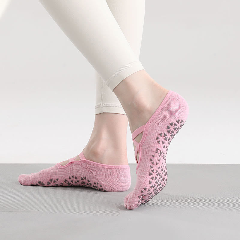 Olivenorma Five-Toe Non-Slip Strap Design Yoga Socks - Dark Pink - 2Pairs - image 6