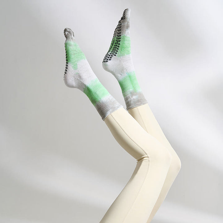Olivenorma Five-Toe Non-Slip Tie Dye Sports Yoga Socks - Green&Gray - 2Pairs - image 3