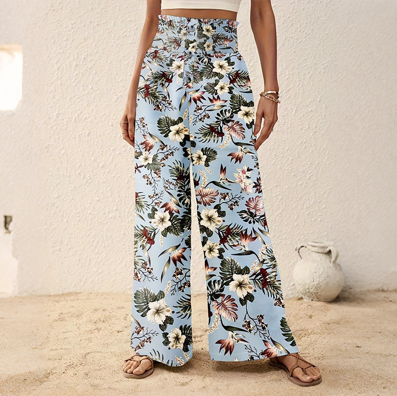 Olivenorma Bohemian Tree & Bird Print with Button Detail and Cinched Elastic Waistband Wide Leg Pants - Light Blue - 2XL - image 9