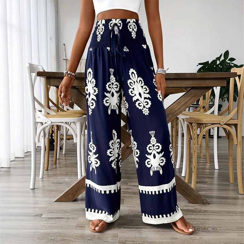 Olivenorma Women's Printed Loose Fit Casual Wide-Leg Comfortable Spring Summer Pants - Blue - 2XL - image 0