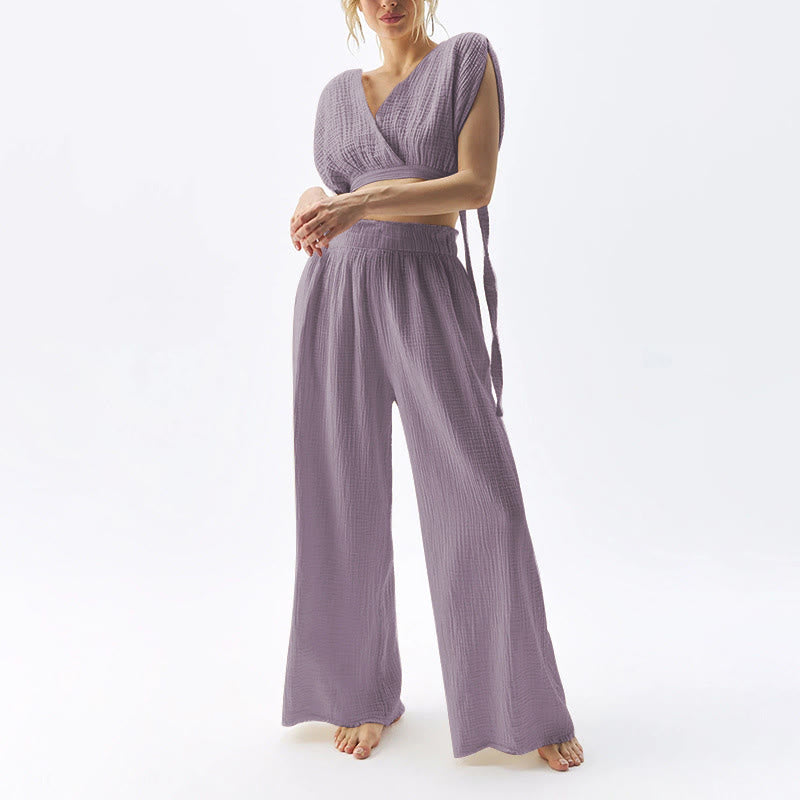 Olivenorma High Waist Double-Layer Cotton Wide Leg Relaxed Casual Floor-Length Pants - Purple - XL - image 4