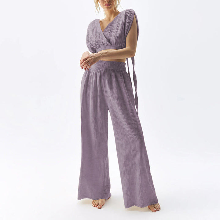 Olivenorma High Waist Double-Layer Cotton Wide Leg Relaxed Casual Floor-Length Pants - Purple - XL - image 4