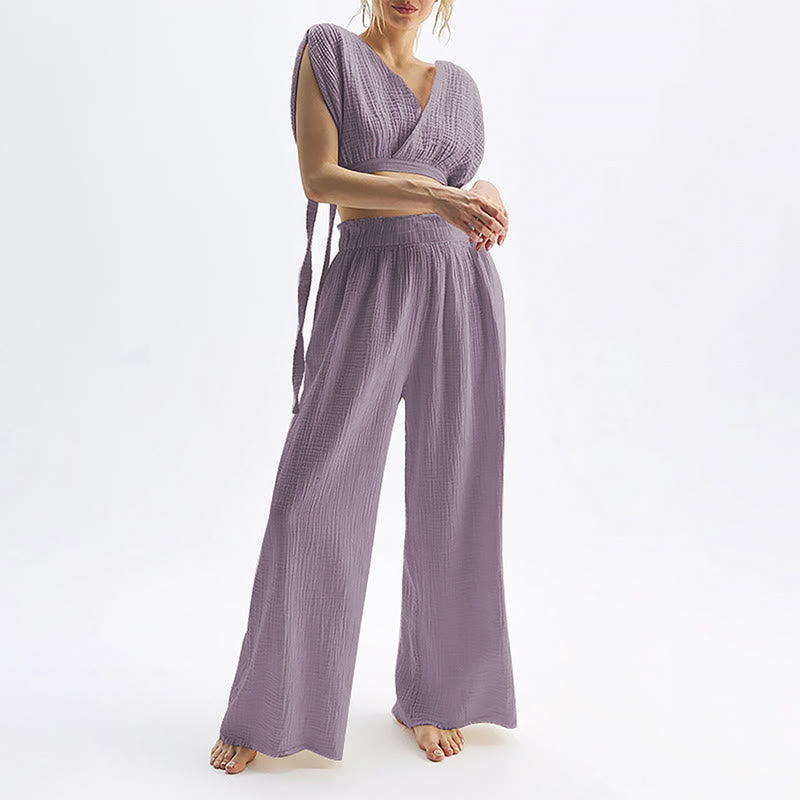 Olivenorma High Waist Double-Layer Cotton Wide Leg Relaxed Casual Floor-Length Pants - image 5