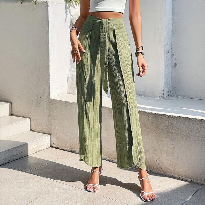 Olivenorma Bohemian High-Waist Slit Wide-Leg Belted Spring Summer Women's Pants - 2XL - image 1