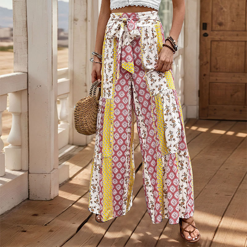 Olivenorma Summer Geometric Floral Tie-Waist Wide Leg Vacation Pants - Yellow - XL - image 7