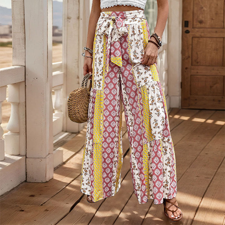 Olivenorma Summer Geometric Floral Tie-Waist Wide Leg Vacation Pants - Yellow - XL - image 7