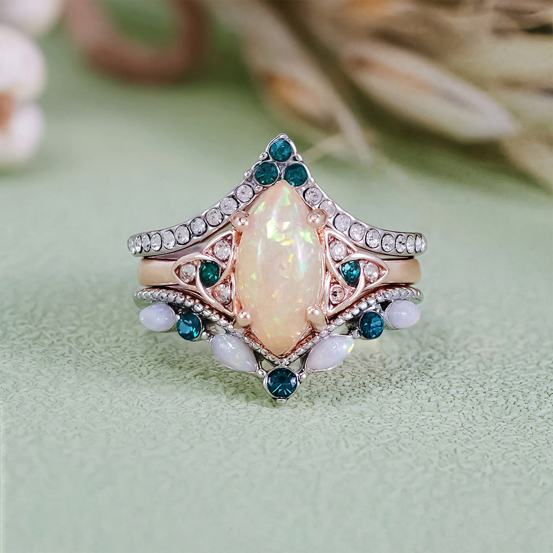 FREE Today: Vintage Milgrain Marquise Opal and Emerald Three-Piece Ring Set  - Opal & Emerald - US 10 - image 0
