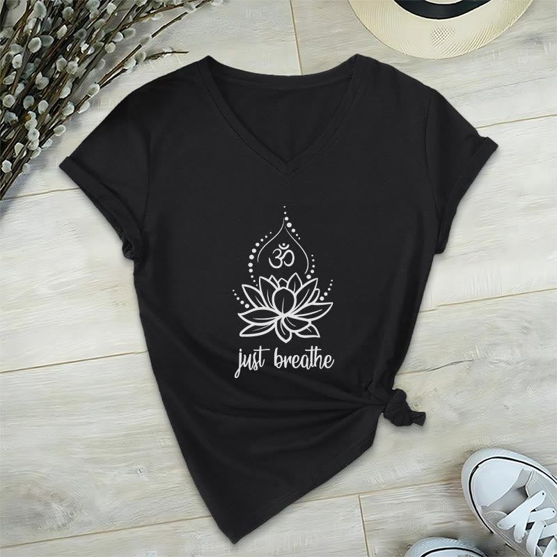 Olivenorma "Just Breathe"  Yoga Meditation V-Neck T-Shirt - Black - 2XL - image 10
