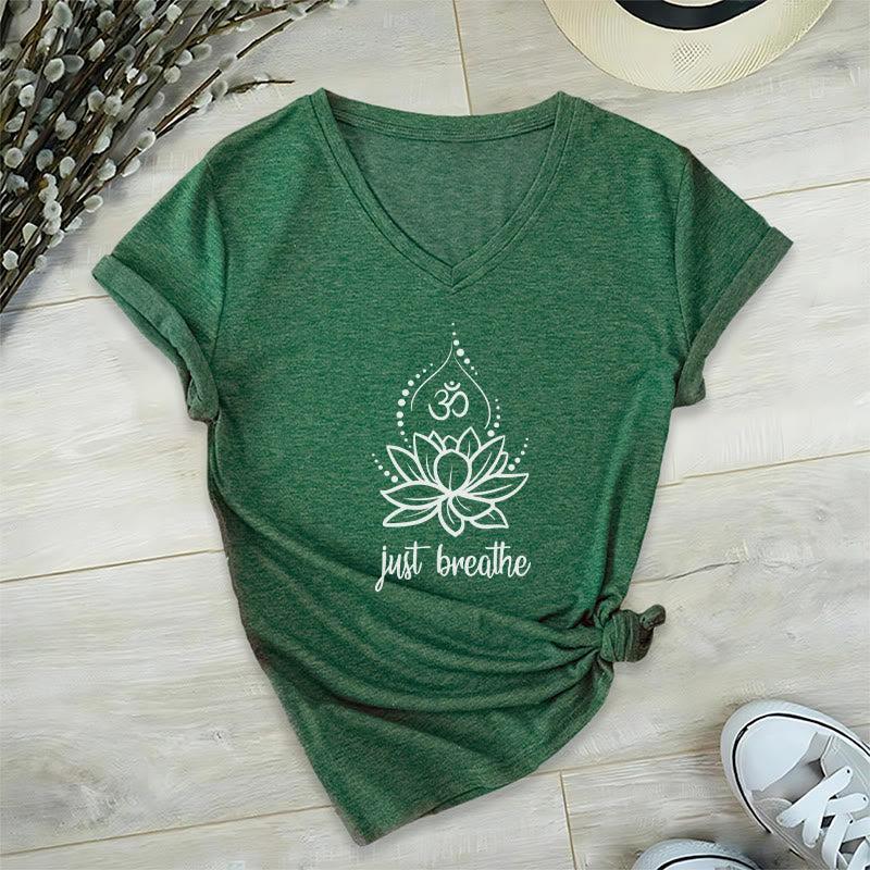 Olivenorma "Just Breathe"  Yoga Meditation V-Neck T-Shirt - Dark Green - 2XL - image 4